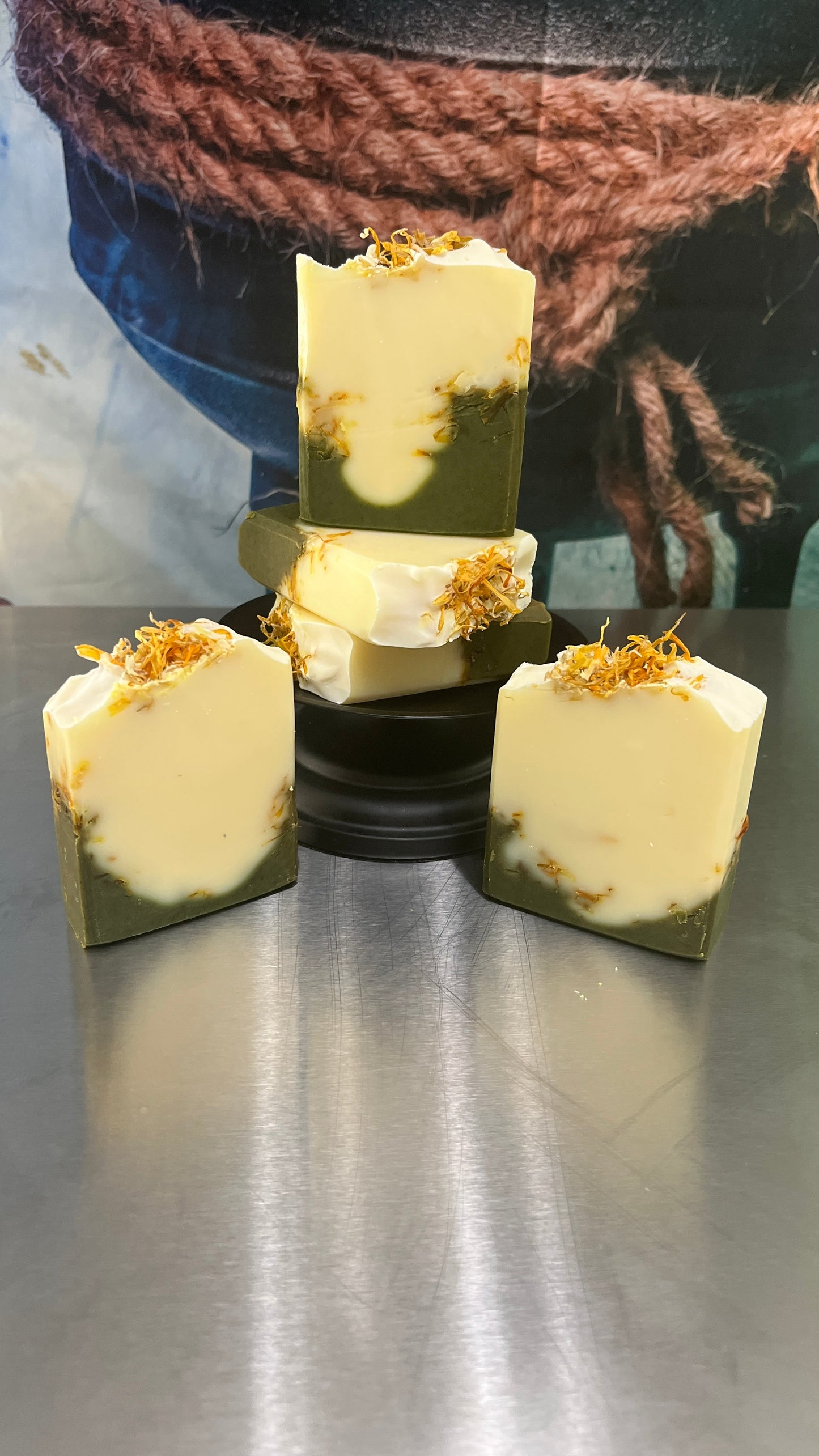 All Natural Soap Bar - Calendula Infused w/Spirulina Dropswirl