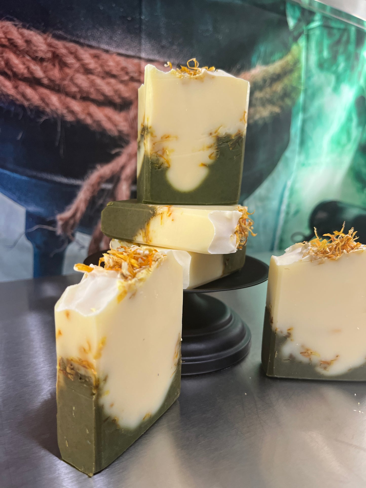 All Natural Soap Bar - Calendula Infused w/Spirulina Dropswirl